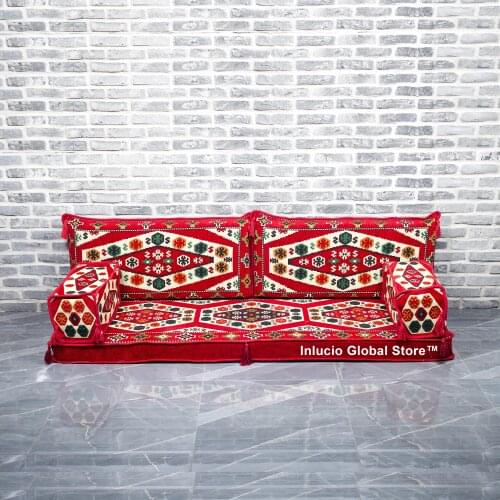 Arabic Sofa Set Majlis Floor Seating Traditional Design Lounge Ottoman Couch Rug Jalsa Red Pillow Cushion Mesopotamian Corner