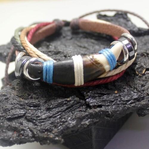 Wolf Tooth Bracelet Men Multilayer Bangle Cotton and Leather rope Design Vintage Fashion Jewelry