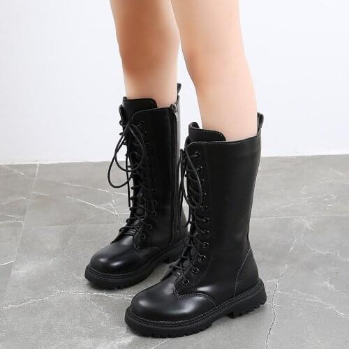 Children Boots for Girls Plush Velvet Shoes Kids Leather Boots Fashion High Knee Shoes Waterproof Cool Black Boots Warming