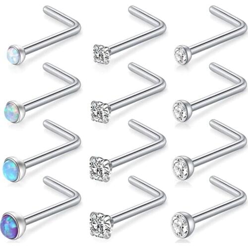 Nose Ring 18G 20G 22G L-Shaped Nose Studs Surgical Stainless Steel 1.5mm 2mm 2.5mm 3mm Opal & Clear CZ Nose Rings Studs