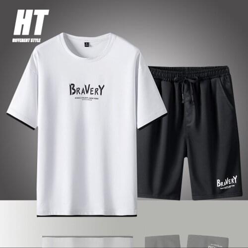 Summer Casual Tracksuit Men 2 Pieces Set Print T-Shirt+Shorts 2 PCS Male Patchwork Suit Harajuku Street Hip Hop Mens Clothing