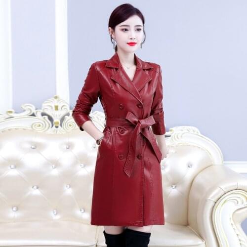 Women Faux Leather Jacket With Belt 2019 Autumn Winter Ladies Washed PU Leather Trench Coats Female Long Outerwear Plus Size 6XL