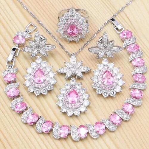 Silver 925 Bridal Jewelry Sets For Women Pink Cubic Zirconia Ring Bracelet Pendant Earrings Necklace Wedding jewelry Accessories