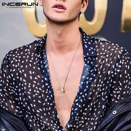 INCERUN 2021 New Mens Sexy Fashion Dot Print Long-sleeved Shirt All-match Printed Shirt Buttons Up Male See-through Tops S-5XL