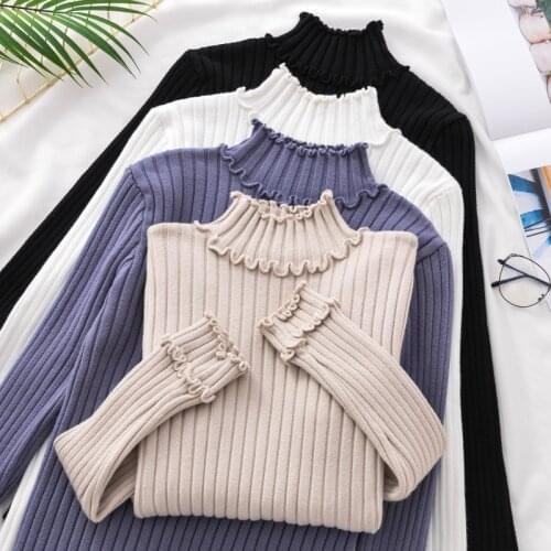 New Half Turtleneck Knitted Sweater Women Pullover Winter Korean Solid Long Sleeve Jumpers Ladies Wooden ear Sweater Casual Tops