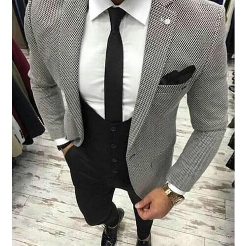 New Arrival Groomsmen Houndstooth Groom Tuxedos Notch Lapel Men Suits Wedding Best Man Blazer ( Jacket+Pants+Vest+Tie ) C448