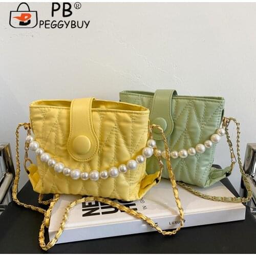 Casual Female Pure Color Shopping Handbags Ladies Single Strap PU Leather Crossbody Bags Small Pearl Chain Messenger Bags