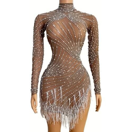 See-Through Mesh Fringe Short Dress Sexy Nightclub Costumes Women Dj Gogo Dance Outfit Pearl Tassels Latin Dance Dress VDB3164