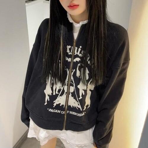 Zip-up Grunge Hoodie Y2K Portrait Graphic print Oversized Sweatshirt Hip hop Long Sleeved short Jacket Women Loose Outerwear