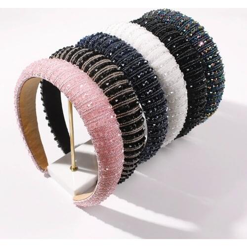 Colorful Crystal Beads Headband for Lady Glitter Padded Bead Hair Band Bridal Wedding Bezel Boutique Baroque Wide Hair Accessory