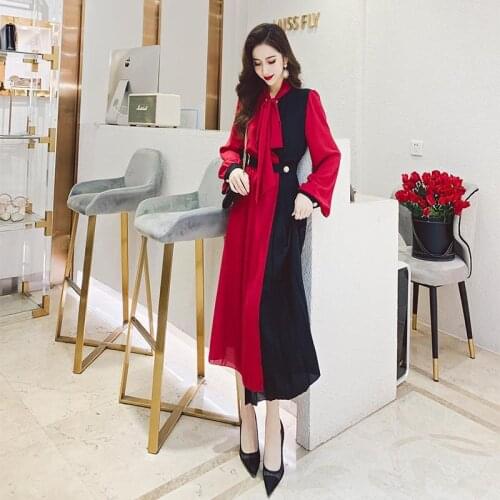Women 2021 Spring Autumn Elegant Chiffon Dress Female Slim Waist Long Sleeve Casual Dresses Ladies Contrast Color Vestidos Z348