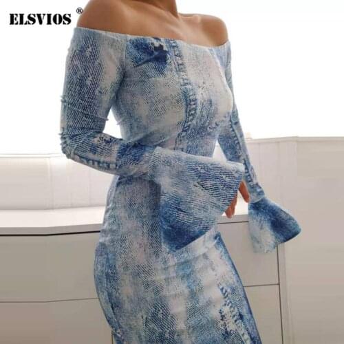 2021 Fashion Print Slim Midi Dress Casual Elegant Lady Zipper Strapless Dress Autumn Women Sexy Slash Neck Long Sleeved Vestidos