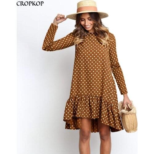 Women Autumn Dress Fashion Polka Dot Chiffon Dress Long Sleeve O Neck Ruffle Female Casual Yellow Dress 2020 Retro Vestido Mujer