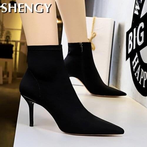 2021 Fashion Spring Sexy Womens Ankle Boots Female Pointed Toe Zipper Ladies High Heels Casual Women Thin Heel Short Boot