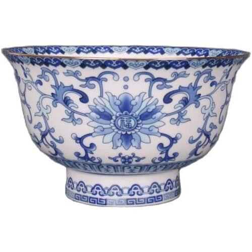 Antique porcelain, Qing Dynasty, Qianlong, blue and white, gold border, twirling, pattern bowl, family decoration collection