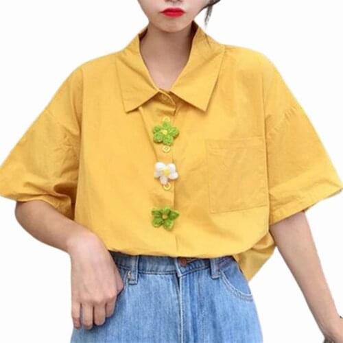 Summer 2021 Fashion Female Student Tops Shirt Flower Buttons Solid Color Women Casual Loose Half Sleeve Blouse School Dating