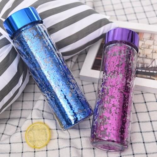 600ML Sequins Double-deck Water Bottle Fashion Shiny Portable Space Plastic Cup Sports Leakproof Kettle Travel Water Bottles