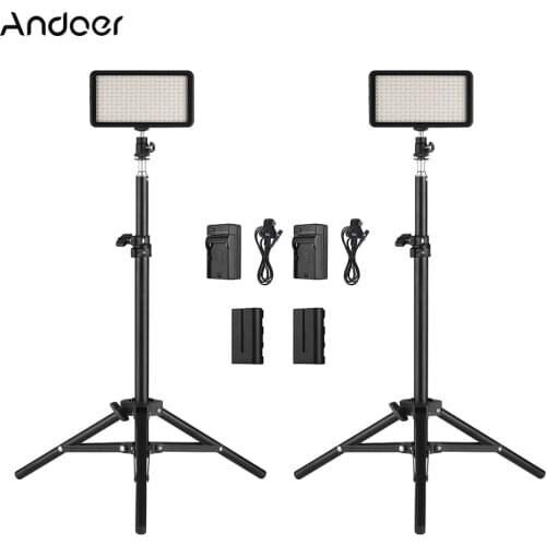 Andoer LED Video Light Kit 2pcs LED Video Light+2pcs 72cm Light Stand+2pcs 7.4V Battery & Battery Charger for ILDC DSLR Cameras
