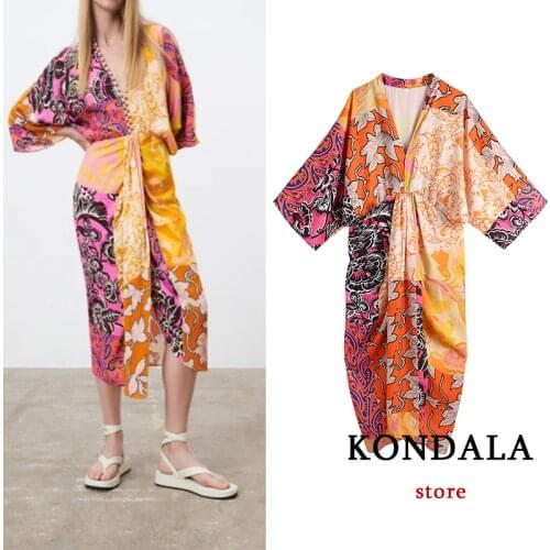 KONDALA Za 2021 Chic Floral Print Vintage Kimono Dress V Neck Autumn Long Dress Boho Dress Elegant Holiday Vestidos