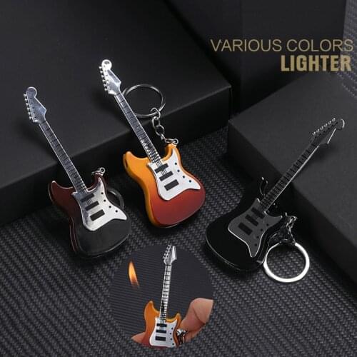 Creative guitar shape gas inflatable lighter open flame cigarette keychain smoking set funny play tool