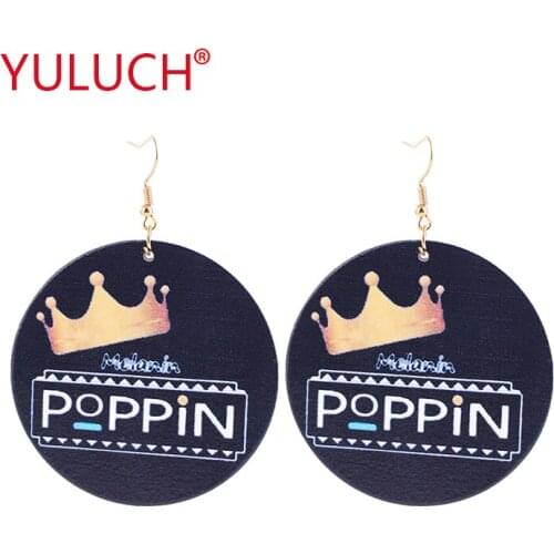 YULUCH Crown Painted Printed Natural Wooden Round Earrings Pendant for Fashion Ethnic Women Earrings Jewelry Gifts
