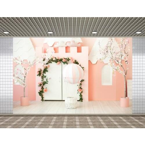 Lyavshi Childrens party decoration of pink castle background white door and balloon Photography background photo studio props