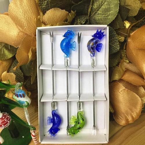 Sea style cute stainless steel fruit fork sets handmade murano glass sea horse Figurines miniature tableware Cake dessert fork