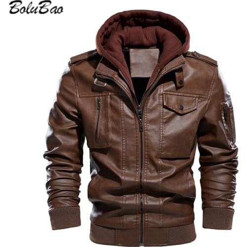BOLUBAO Mens European Code Winter New Leather Jacket Retro Hooded Washed Leather Epaulet Design Fit Leather Male