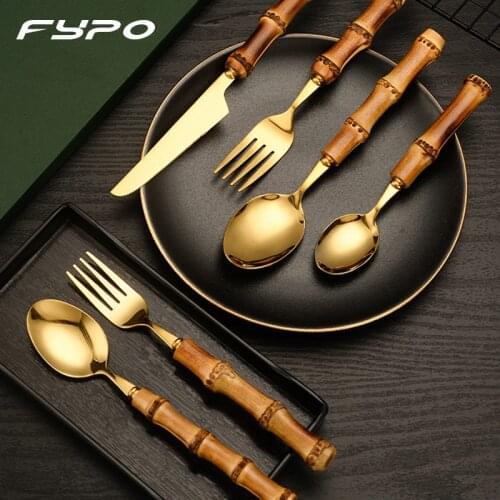 Fypo Bamboo Cutlery Sets Stainless Steel Dinnerware Sets Gold Wooden Tableware Western Food Knife Fork Teaspoon Cutleries