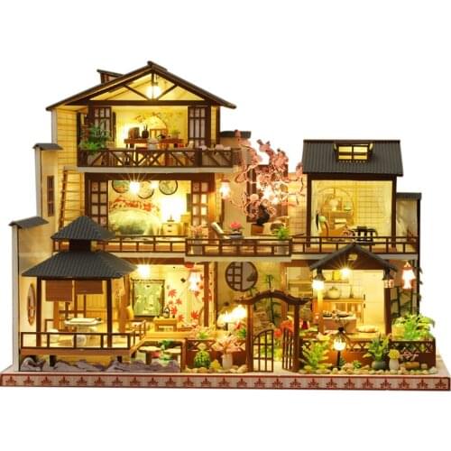 DIY Wooden Cabin Puzzle Model Kit Handmade Assembly Construction Toy with LED Light/Dustproof Cover