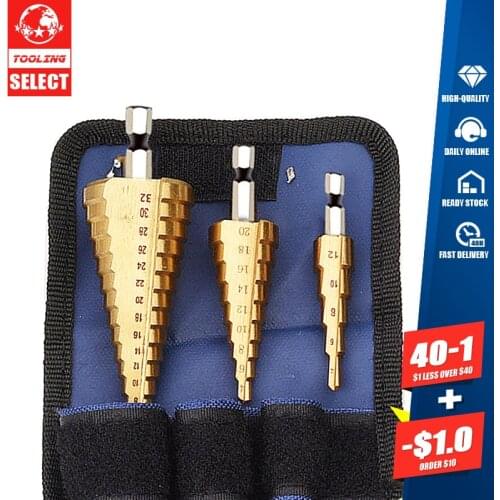 3pc Hss step drill bit set cone hole cutter Taper metric 4 - 12 / 20 / 32mm 1 / 4 "titanium coated metal hex core drill bits