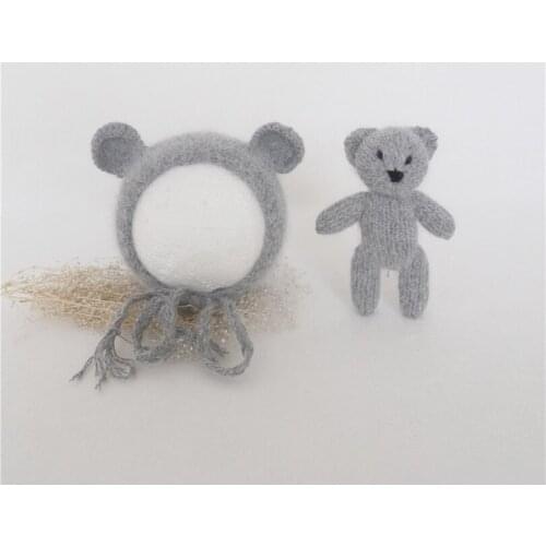 Vintage Cute Bear Hat Set for Newborn Photography Props Lovely Teddy Bear Toy Baby Animal Bonnet Knitted Toy Photo Props
