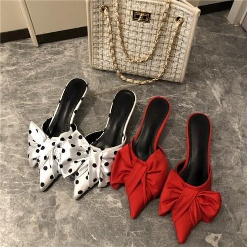 2021 New Spring Slippers Womens Korean-Style Pointed Polka Dot Bow Stiletto Mid-Heel Low Heel Slippers Polka Dot Half Slippers