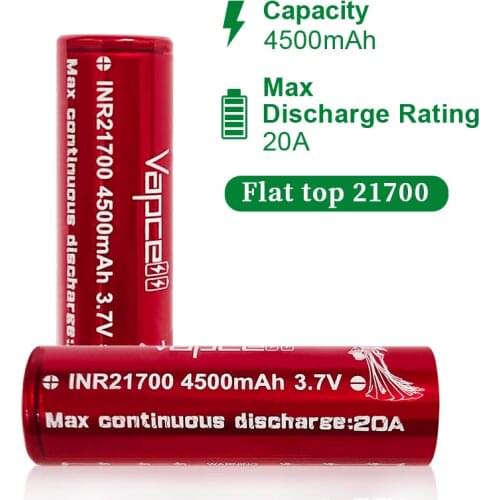 Free shipping Original Vapcell 21700 4500mAh 20A Rechargeable Li-Ion red high capacity battery for flashlight lithium batteries