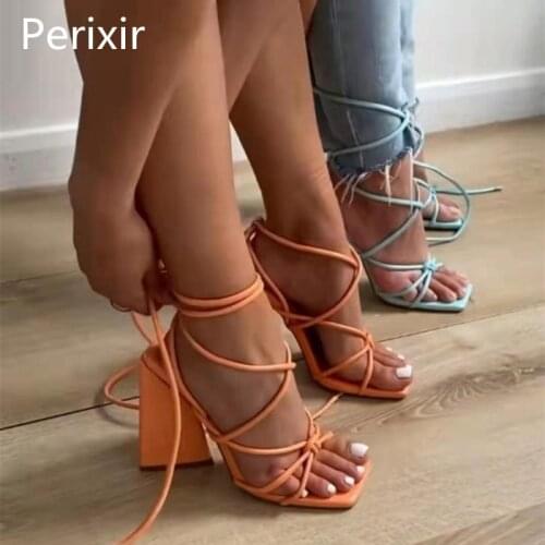 Perixir Ladies Sandals Sculptured Flared Block Heel Open Square Toe Footwear New Ankle Strap Party Wedding Women Clubwear Shoes