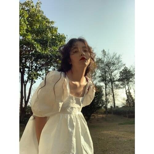 Square neck puff sleeve dress female 2021 summer new French white princess dresses female