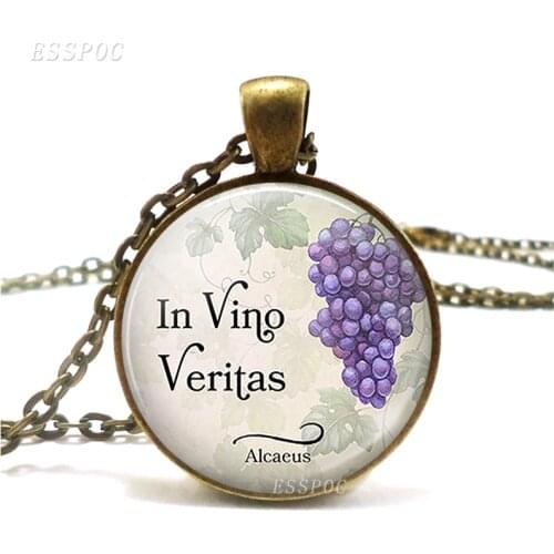 "In wine, Truth" In Vino Veritas quote necklace Retro Style Literary Glass grape Photo Jewelry Pendant wine lover gift