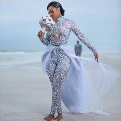 Plus Size 2021 Jumpsuits Wedding Dresses With Detachable Train High Neck Long Sleeves African Beaded Bridal Gowns Custom Made