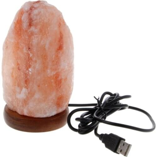 Hand Carved USB Wooden Base Himalayan Rock Salt Lamp Air Purifier Night Light