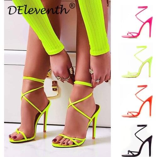 Thin High Heel Candy Bright Color Hollow Roman women sandals shoes Round Toe Canvas 11.5CM Lace Up sandal women shoes size 35-42