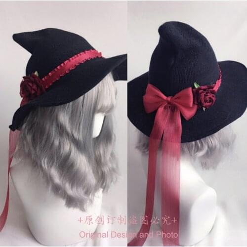 Vintage Gothic Magic Girl Wizard hat Lolita Halloween Rose Flower Bowknot Ribbon Witch Hat Party Fashion Peaked Cap Headwear