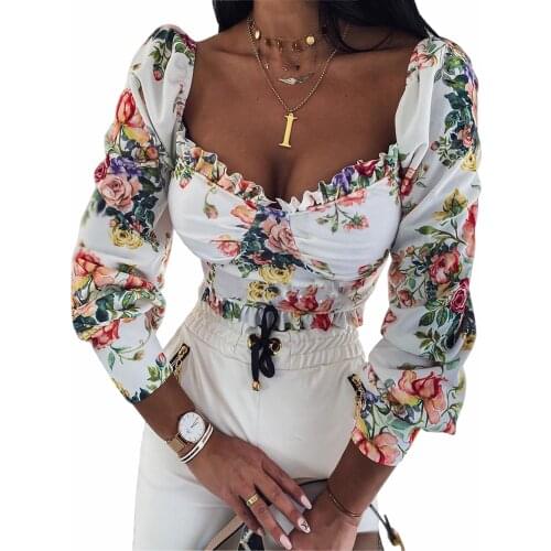 2021 Womens Sexy Blouse Elegant Long Puff Sleeve Square Neck Ruffle Trim Floral Print T-Shirt Spring Summer Fall
