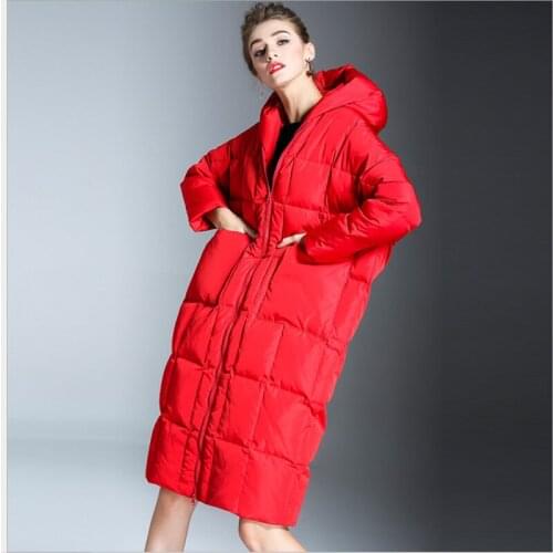 Female long Feather Jacket red Women Winter Down Coat Long Plus Size Parka Thick Warm Slim Hooded Zipper Outerwear Jackets grey