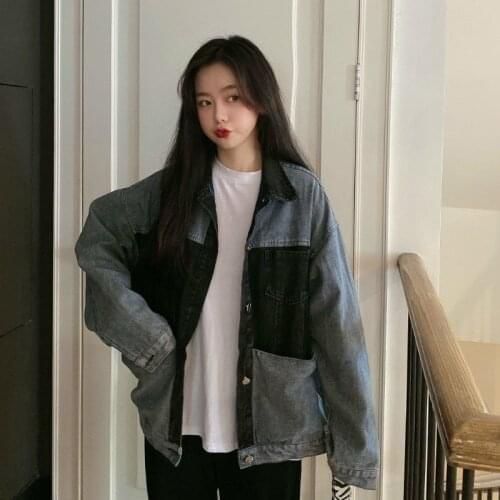 2021 Spring New Women Clothing Korean Retro Loose Pockets Fashion Splicing Contrast Denim Jacket Long Sleeve Veste Jeans Femme