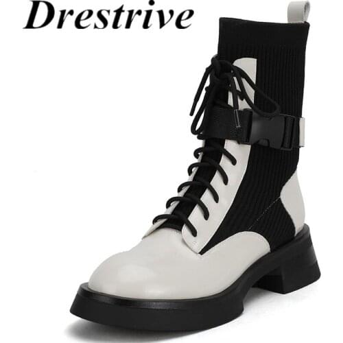 Drestrive Women Ankle Boots Beige Patchwork Cow Leather Round Toe Low Heels Platform Buckle Lace Up Non Slip 2021 Winter Shoes
