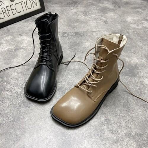 New Style Leather Square Head Zipper Flat Bottom Ladies Martin Boots Spring And Autumn Fashion Simple Short Tube Single Boots