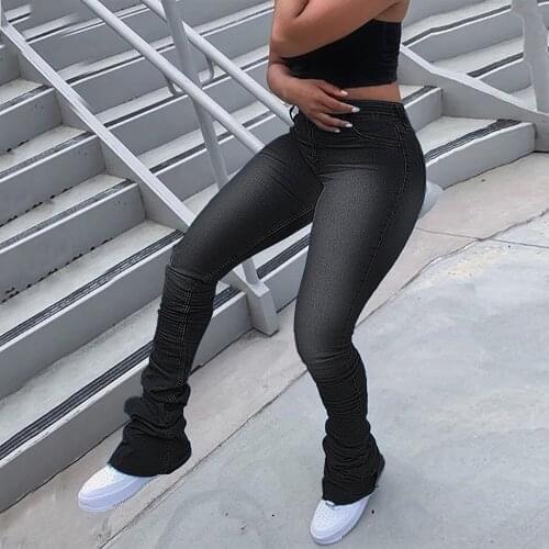 2021 Ruched Denim Blue High Wait Stacked Pants Autumn Women Clothing Streetwear Jeans Fashion Skinny Pockets Trousers