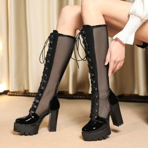 2021 New Summer Breathable Mesh Boots Women Patent Leather Platform Knee High Boots Fashion Zipper Thick High Heel Lady Shoes