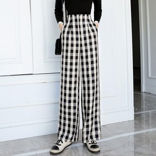 Black White Plaid Chiffon Trousers Women Spring Summer New High-Waisted Loose Slim Wide-Leg Pants Drape Straight Pants D5363