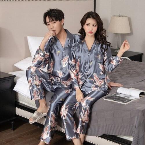 AECU Womens Pajamas Sets Faux Silk Satin Pajamas Set Women And Men Sleepwear Pajamas Casual Homewear Family Couple Nightwear